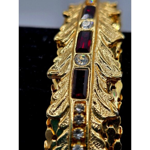 Estate Jewelry - VTG GOLD Plated Cuff Bangle Bracelet Garnet and Rhinestone .75" thick scale